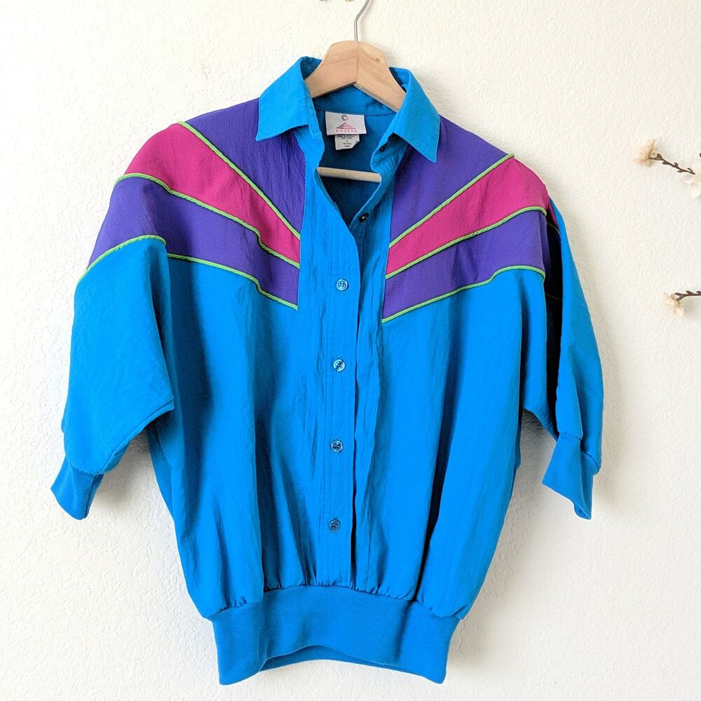 Vintage 80s 90s Colorblock‎ Retro Swish Top Small - Picture 2 of 8